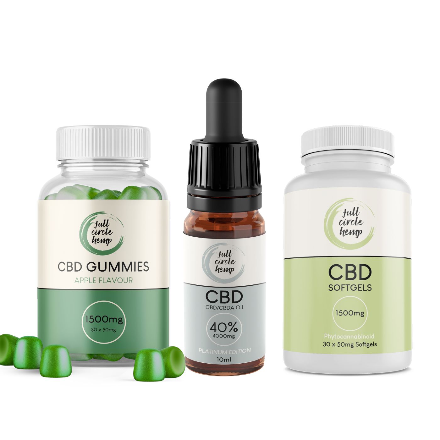 High Strength CBD Starter Kit with 50mg Apple Gummies, 50mg CBD Softgel Capsules and 40% 10ml Full Spectrum CBD oil in Dropper Bottle