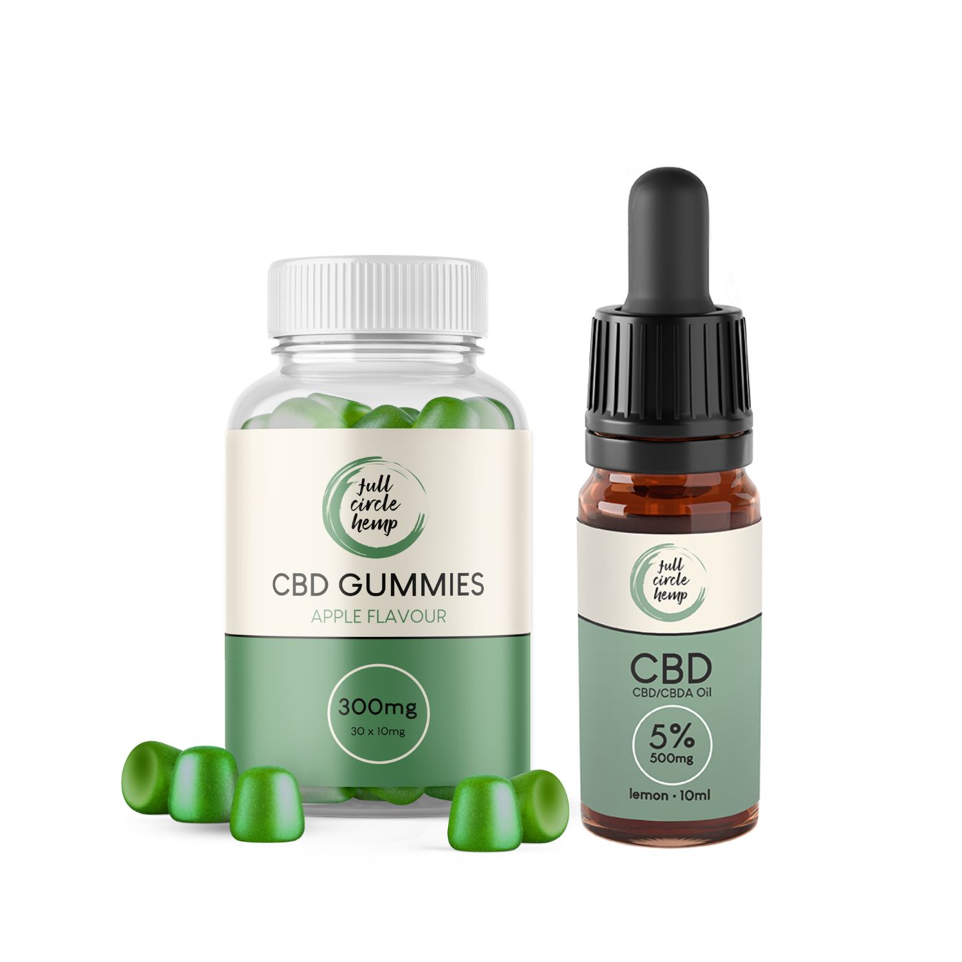 Mild Strength CBD Starter Kit with 5% 10ml Full Spectrum CBD Oil in a dropper bottle and 10mg Apple CBD Gummies 30 Count